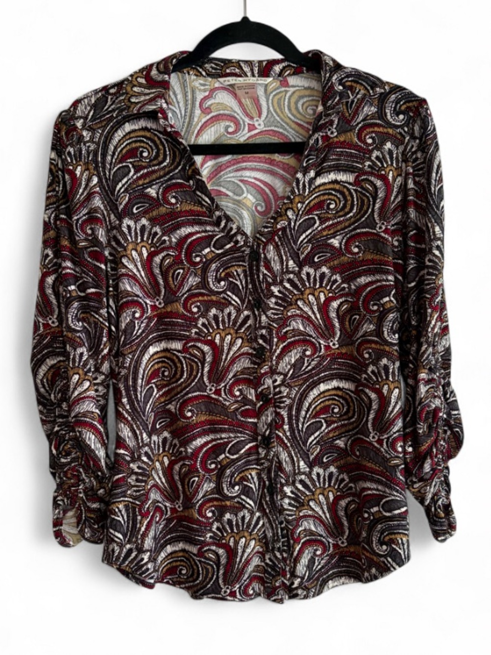 Peter Nygard Black Paisley Print 3/4 Sleeve Button Down Knit Shirt Size M